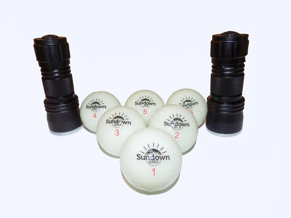 Sundown Golf Glow in the Dark Golf Balls - 6 Pack with 2 UV Flashlights, Plays Like A Standard Ball