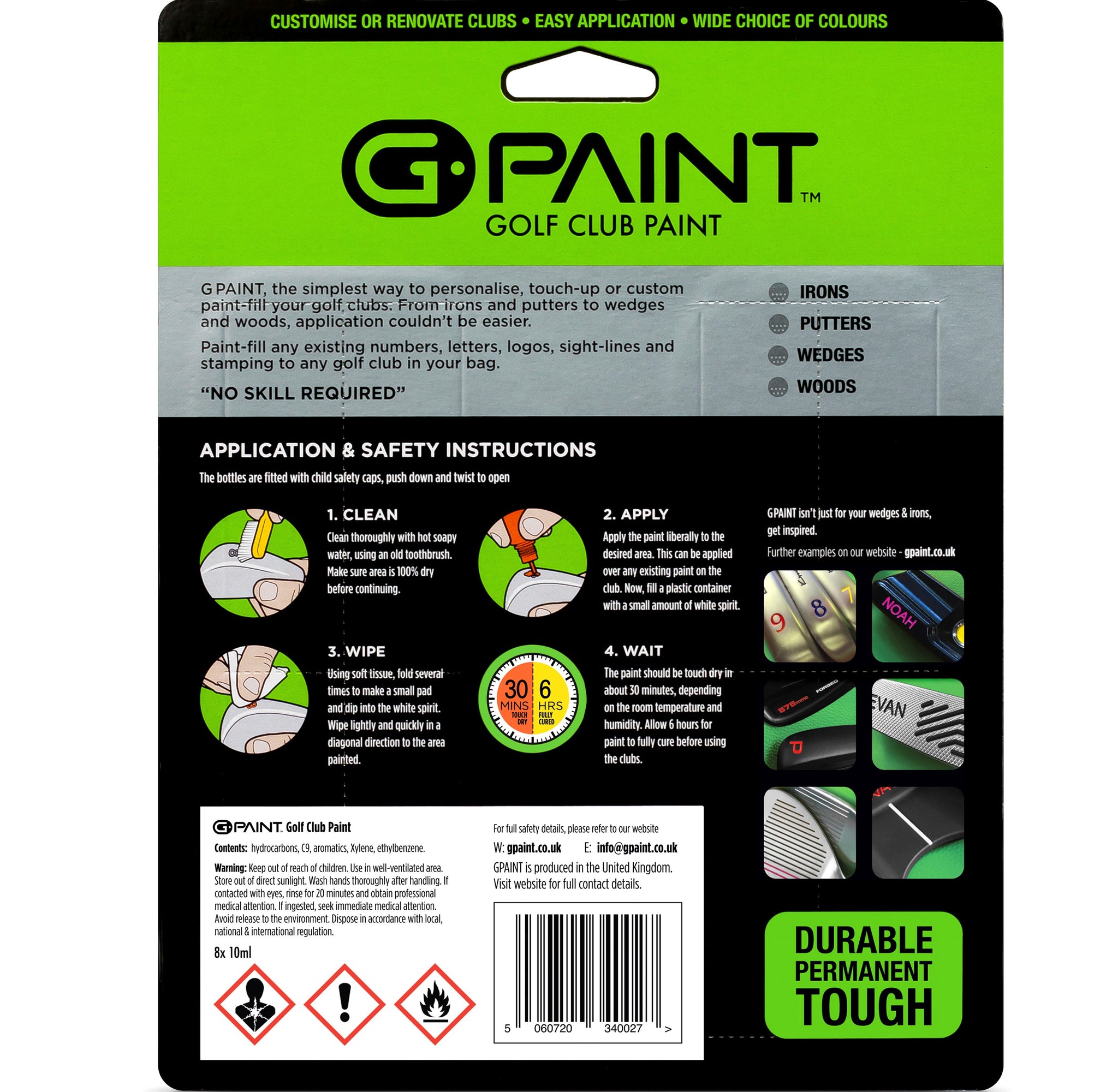 G-Paint Golf Club Paint Touch Up, Fill In, Customize or Renovate Your Clubs  - 8 Pack of 10ml Bottles. Black, White, Red, Blue, Yellow, Pink, Orange 